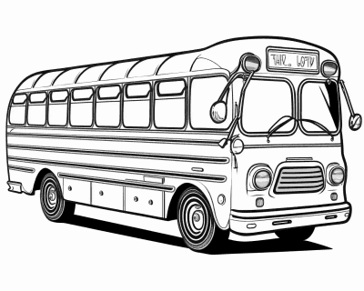 Omaľovánka dlhého retro autobusu s okrúhlymi svetlami, zrkadlami a radom okien